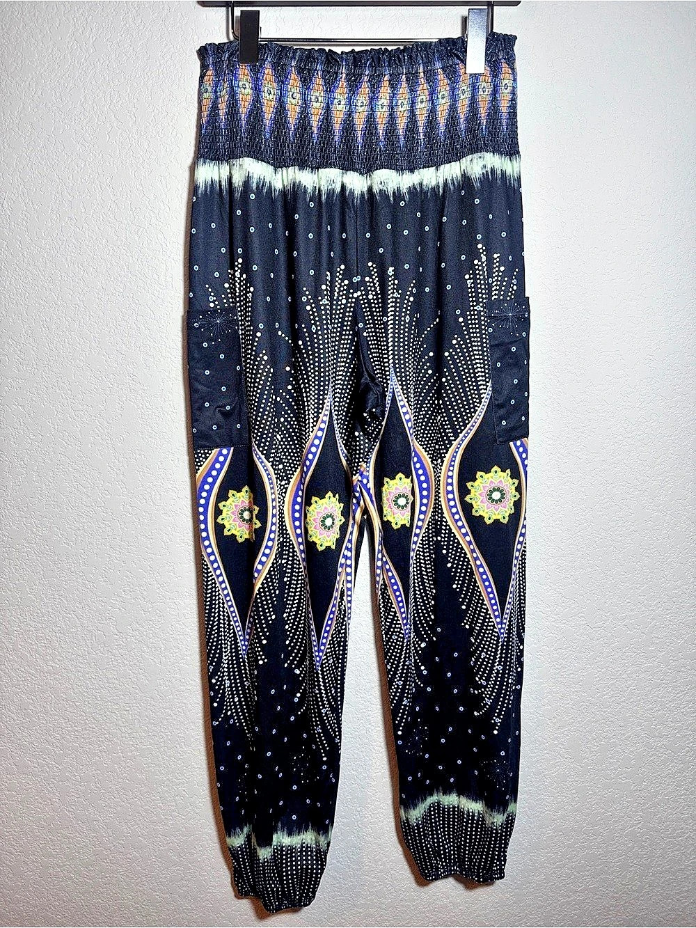 QIANXIZAN Printed Harem Pants Black Size Medium boho